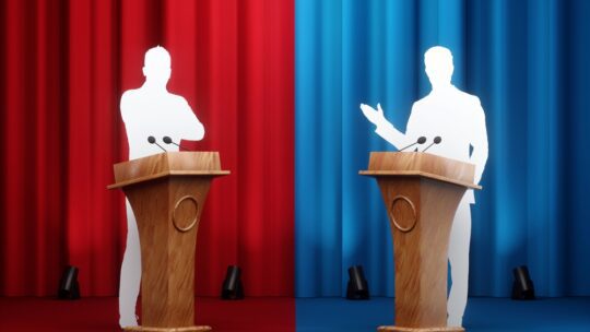 Political debates, struggle for leadership, power, appeal to voters, two candidates. Two wooden stands with microphones on a blue-red background and silhouettes of candidates.