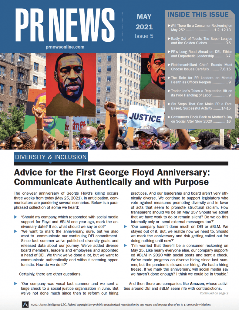 PRNEWS May 2021 Cover featuring an image from George Floyd protests