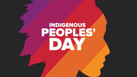 indigenous peoples' day graphic with sillhouette of woman, stripes of orange and purple hues