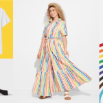 A sample of Target's Pride collection 2024 including a rainbow colored purse and dress.
