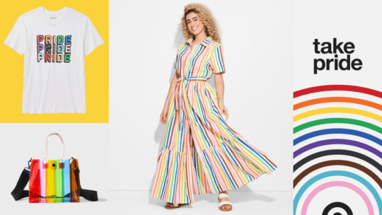 A sample of Target's Pride collection 2024 including a rainbow colored purse and dress.